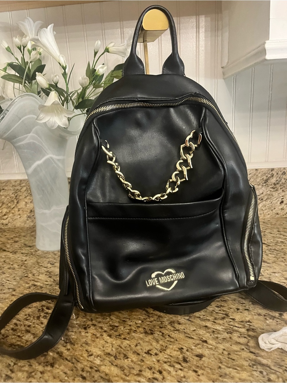 Love Moschino Black Heart-Chain Faux Leather Backpack